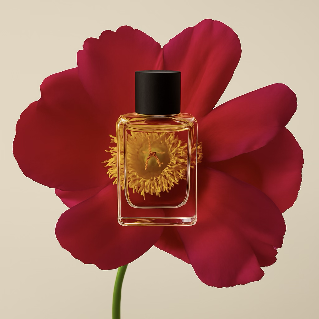 Perfume bottle with a red flower